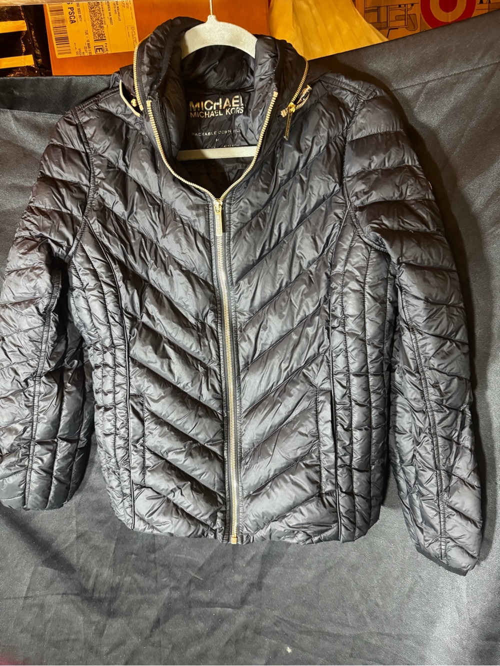 Michael Kors Black Chevron Quilted Packable Puffer Jacket
